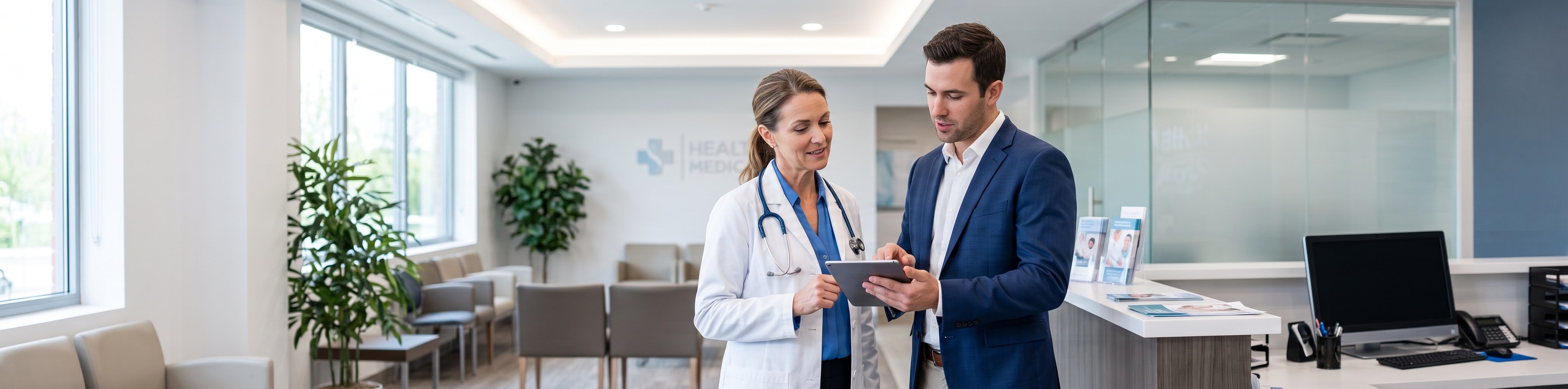 A field representative reviewing data on a tablet with a physician in a clinic