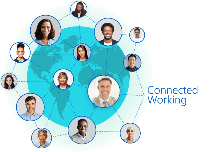 Exeevo Omnipresence Global Real-Time Connected Working infographic, showcasing the benefits and features of a globally connected real-time working environment enabled by Exeevo's technology solutions."