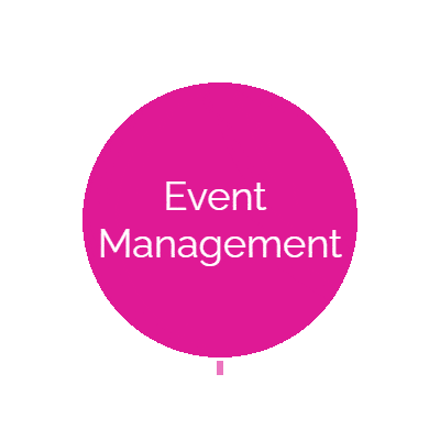 Animated GIF featuring a circular shape divided into two pink-colored parts moving from left to right, accompanied by the text 'Event Management'.