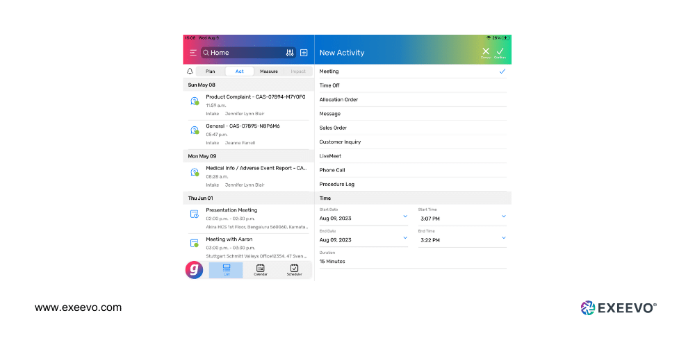 Exeevo's affiliations explorer user interface